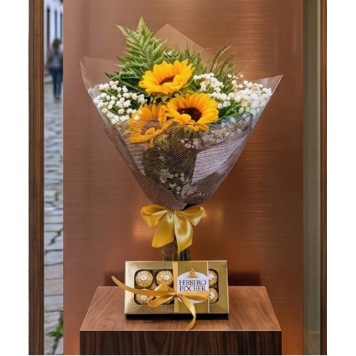 Buquê de Girassóis e Ferrero 