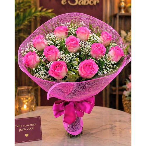 Buquê 12 Rosas Nacionais Pink