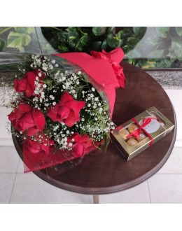 Buquê 6 Rosas e  Ferrero 